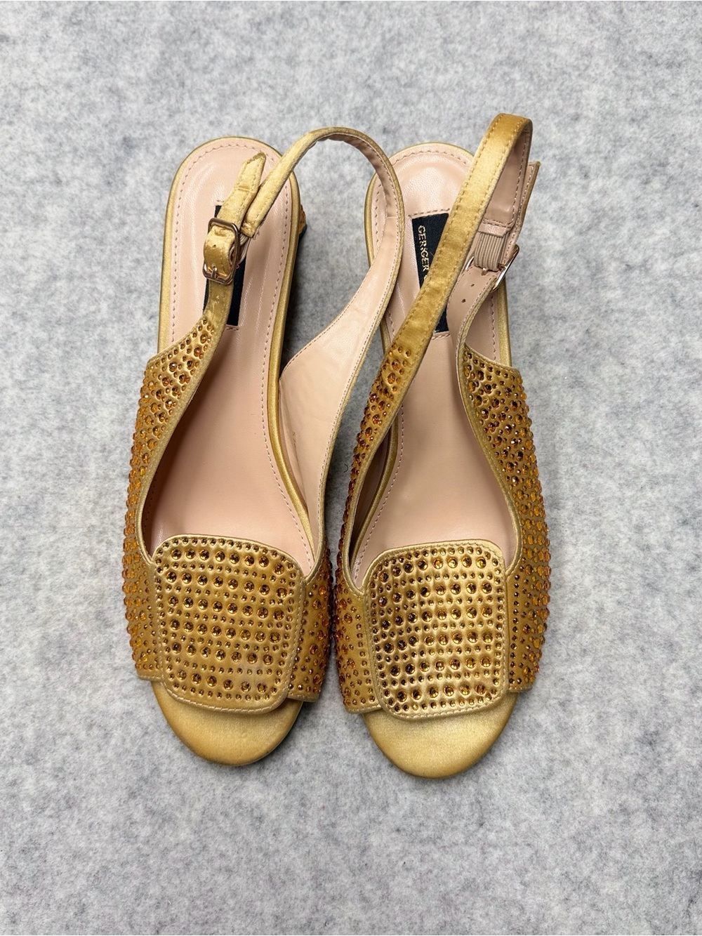 Geriger Gegallel Gold Rhinestone Slingback Heels EU 42 US 10.5-11 Open Toe Block